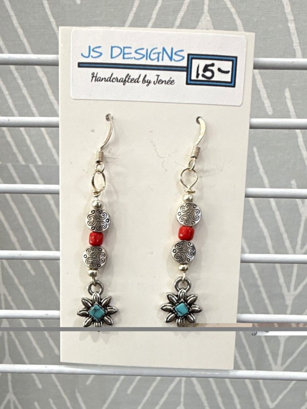JS Designs Handcrafted Silver Plated Dangle Earrings Turquoise Flower Red Beads